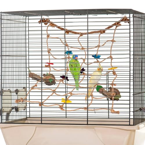 Image of Parrot Climbing Rope Net, 21.65x20.87in Colorful Star Design Bird Hammock Ladder Seagrass Mat Chew Toys with 4pcs Hooks Cockatiels Cage Accessories for Pigeons Cockatoos Parakeets