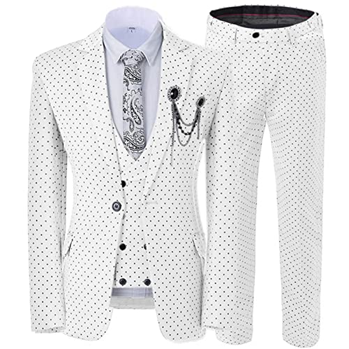 Mens 3 Piece Groom Suit Set One Button Wedding Prom Blazer Vest Pants Sets Slim Single Breasted Dress Party Suits (White,Small)
