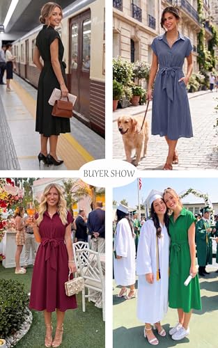 Image of ECOWISH Womens Casual Midi Dresses Solid V Neck Short Sleeve Button Shirt Belted Dress with Pockets for Spring Summer 2026