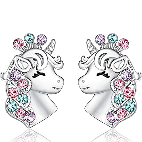Ozmw Pendientes Unicornio de Plata de Ley 925, Pendientes Niñas Plata, Regalo de Cumpleaños para Hija