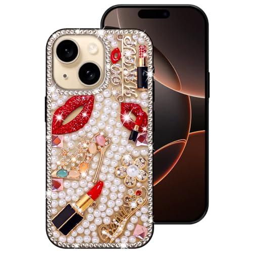 Erolagomat Bling Case for iPhone 15 Plus,Shiny Luxury Designer Phone Case with Glitter Sparkle Diamond Crystal Rhinestone Lips Lipstick Pearl Flowers High Heels，Soft Bumper Cover for Women Girl