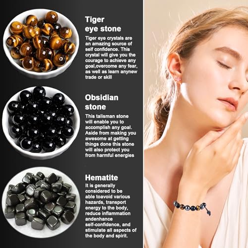 2PCS Triple Protection Bracelet, Tiger Eye Bracelet for Men and Women Black Hematite and Obsidian 10mm Crystal Beads Bracelet Handmade Gifts for Luck Prosperity3