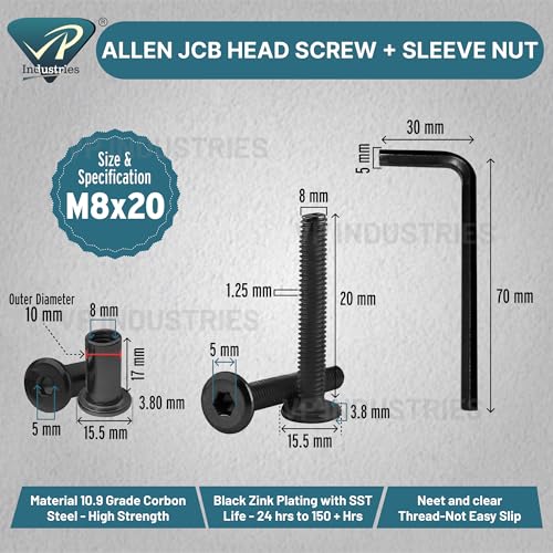 Image of Rely⇒ (Combo Set -10 Pcs) M8x20 mm Black Allen JCB Screw with JCB Female Sleeve Barrel Nut + Allen Key 1 pc | Fastener for Joining Wood Boards, Cabinets, Cupboards,Chairs & Beds