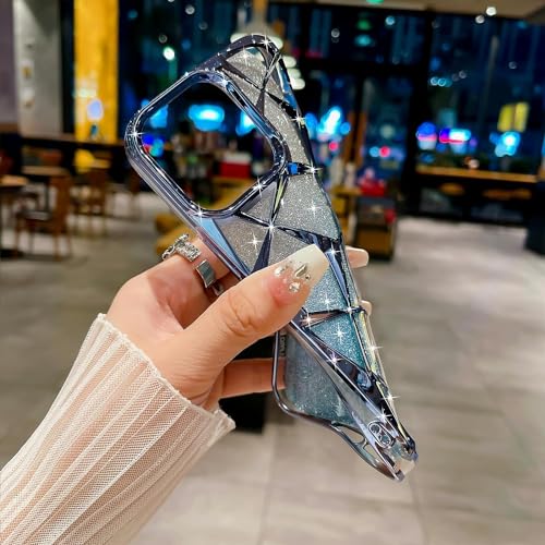 Image of VONZEE Compatible with iPhone 15 Pro Gradient Glitter Case, Luxury Electroplated Geometric 3D Cube, Diamond Bling Shiny Soft TPU Clear Shockproof Case Women Girls Protective Phone Cover (Blue)