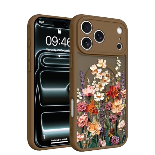 Image of Magnetic for iPhone 17 Pro Case for Women Girls, Brown Floral | Cute Oil Painting Flower Pattern Design [Compatible with MagSafe] [Full Camera Protection] Slim Bumper Matte Protective Cover
