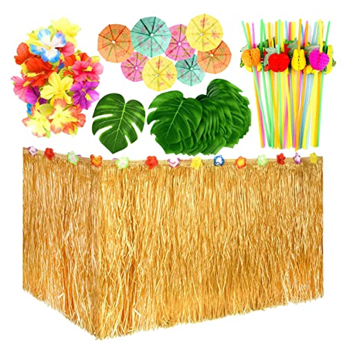 OFFSCH 1Set Grass Table Skirt Tropical Decoration with Pineapple Flamingo Accents for Luau Parties Themed Events