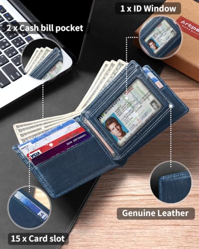Image of Artpaxy Mens Wallet Bifold Genuine Leather RFID Blocking Wallet for Men with 1 ID Window 15 Card Holders 2 cash pockets 1 Gift Box