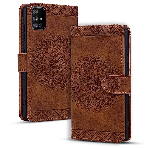 Image of Flip Case for Samsung Galaxy A51 6.5 Inch Cover, Durable PU Leather Mandala Embossed Case with Magnetic Clasp Wallet Phone Cover for Galaxy A51 6.5 inch - Brown