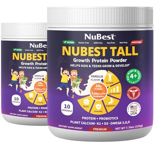 Image of NuBest Tall Vanilla Plant-Based Protein Powder for Kids & Teens - Healthy & Immunity with Probiotics, Omega 3-6-9, Vitamin D3 + K2, Calcium & Vitamins - 20 Servings | 1 Month Supply
