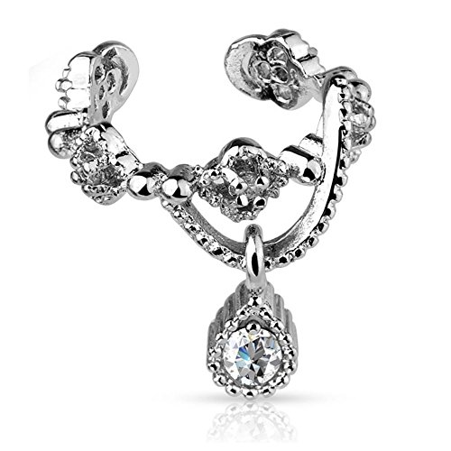Bungsa Ornament Ear Cuff Clip Kette mit Kristallanhänger silber (Ohrstecker Conch Fake Piercing Studs Ohrringe Ohrhänger Ohrschmuck Ohrklemmen Damen Frauen Herren Mode)