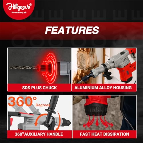 Image of Hillgrove HGCM1399M1 2000W 100% Copper Winding 7Kg Concrete Demolition Hammer Chipping Hammering Drilling Breaker Drill Machine 7Kg Kit Set