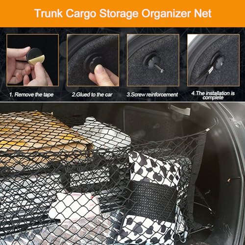 QODOLSI 1 PC Car Trunk Luggage Net, 3.6Ft x 1.3Ft Adjustable Elastic Truck Cargo Storage Net with Installation Tool, Universal Vehicle Organizer Accessories for SUVs Cars RVs Trailer (Black)