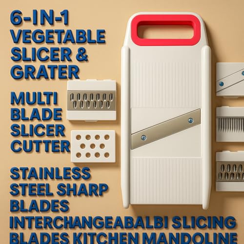 Image of 6-in-1 Vegetable Slicer for Kitchen, Slicer and Grater, Multi-Purpose Manual Slicer with Stainless Steel, Interchangeable Blades, Vegetable Cutter, Grater & Chopper for Home Use