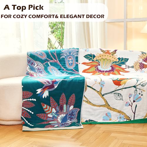 Boho Throw Blanket, 100% Organic Cotton Breathable Skin-Friendly Ultra Soft Bed Quilt Throw - All Season Floral Bird Farmhouse Décor Luxury Blanket for Sofa Couch Chair and Gift. 60" x 80"