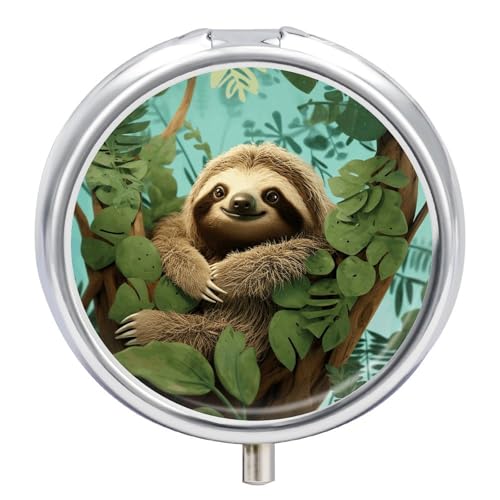 Portable Pill Organizer Small Pill Box Hug Tree Sloth 3 Compartment Medicine Vitamin Organizer Travel Medicine Organizer with Mirror & Button Closure Cute Medication Case for Purse