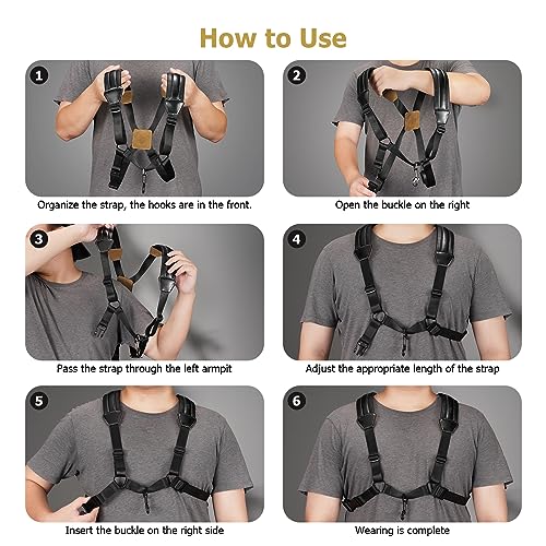 POGOLAB Saxophongurt, Harness Saxophongurt aus Leder, Saxofonhalter Saxophone Strap mit Metallhaken, Doppelter Schultergürtel aus Leder verstellbare für Saxophon, Alt, Bariton, Tenor, Blasinstrument