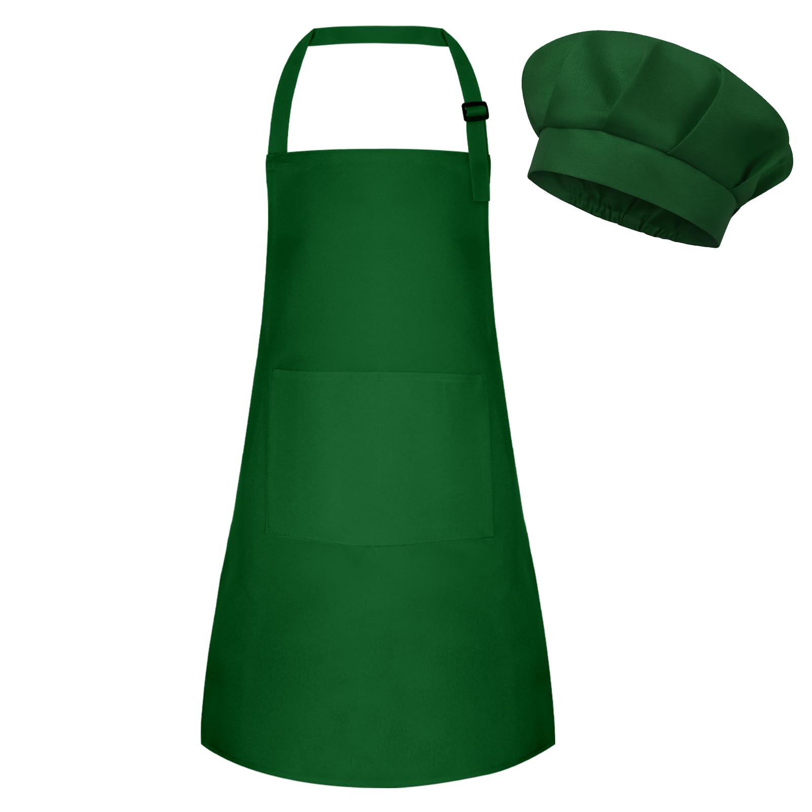 BOUBONI Kids Apron and Chef Hat Set Adjustable Child Art Aprons with 2 Pockets Toddler Chef Hat and Apron for Cooking Baking Painting (Dark Green)