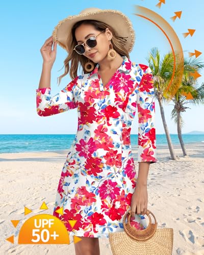 Image of WOWENY 3 /4 Sleeve Dress for Women with Pockets V Neck UPF 50+ Casual Sun Dress Breathable Quick Dry Beach Vacation