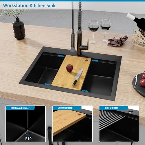 Image of 33 inch X 22 inch Drop In Kitchen Sink,16 Gauge Stainless Steel Black Kitchen Sink,Single Bowl Top Mount Workstation Kitchen Sinks (Black, 33 X 22 inch)