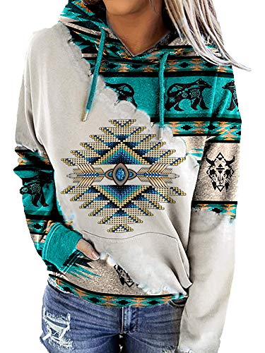 HYPOWELL Women s Geometric Horse Print Aztec Hoodie Pullover Cowgirl Western Ethnic Style Printed Hooded Sweatshirt (BLUE, 2XL)