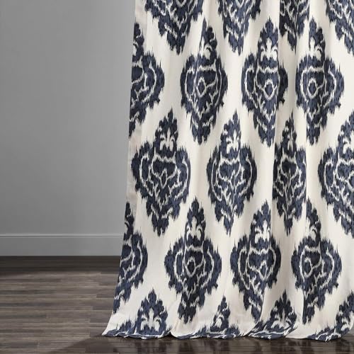 Image of HPD Half Price Drapes Ikat Printed Curtains Luxury Damask Cotton Curtains 84 Inches Long (1 Panel) Room Darkening Window Curtains for Bedroom & Living Room, 50W x 84L, Ikat Blue Damask