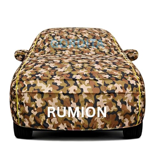 Image of Waterproof Car Body Cover for Rumion All Weather Protection Comes with Inner Cotton Lining & Triple Stitched with Mirror & Antenna Pocket Belt & Elastic Fit Army with Yellow Piping2