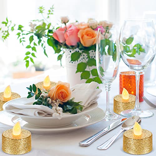 Image of Mudder 24 Pieces Gold Tea Lights LED Candles Tealights Flameless Votive Battery Operated Tea Lights Electric Glitter Tealight for Holiday, Festival Gift, Wedding, Birthday,Home, Party Decor