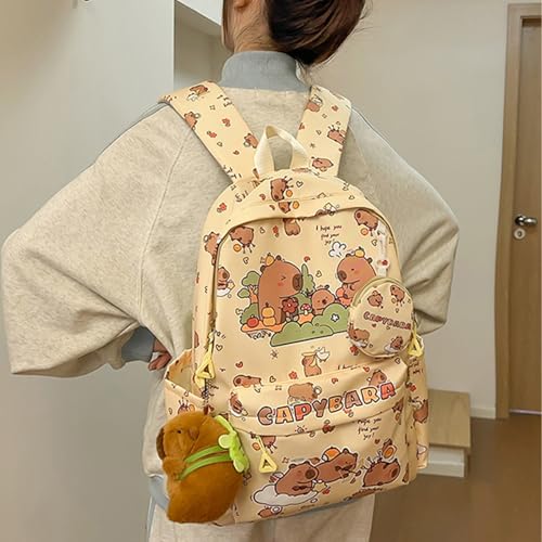 Capibara Capybara Backpack, Cute Cartoon Fashionable Print Large Capacity School Bags with Doll and Coin Purse (Brown)3