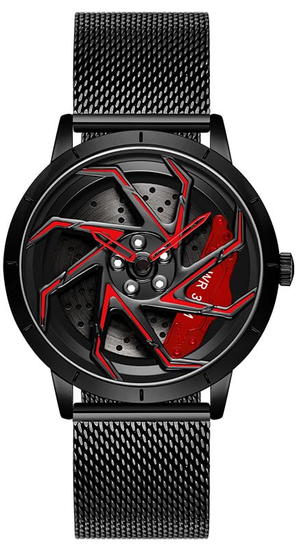 Image of FANMIS Men's Racing Car Wheel Watch 3D Spinning Dial Stainless Steel Watch | Creative 3D Spinning Car Quartz Large Skeleton Face and 30M Water Resistance Designed for Car Fans and Daily Wear.