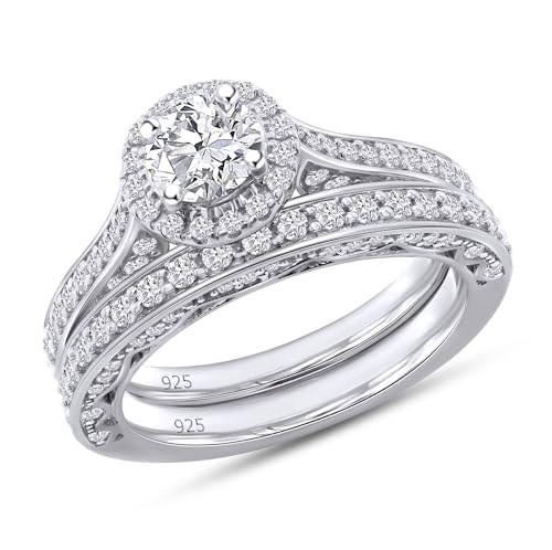 Halo Vintage Bridal Set Ring For Women Lab Grown Diamond Engagement Wedding Ring In 14K White Gold Plated Sterling Silver Jewelry 1.33 Cttw Size 8.5