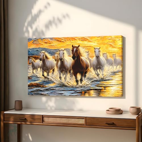 Image of PAINTINGMANTRA 9 Running Horses Vastu Stretched Canvas Painting For Living Room| Strength & Forward Energy Nine Horse Painting for Bed Room, Home & Office, 22x34 Inch