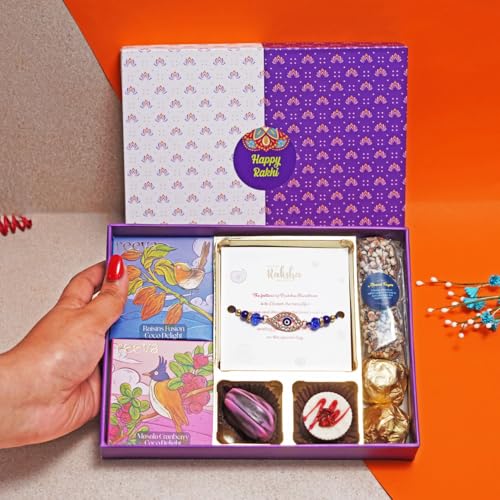Image of Velvet Fine Chocolates Rakhi Gift Box | Handmade Assorted Chocolates for Rakshabandhan | Evil Eye Rakhi, Almonds & More | Perfect Sibling Bonding Gift | Pack of 1
