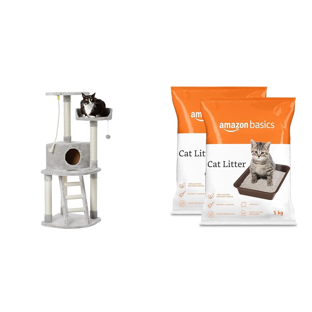 AmazonBasics Cat Tree with Platform, Grey,1 Piece,X-Large & AmazonBasics Scoopable Bentonite Cat Litter, Unscented, 5Kg Pack of 2