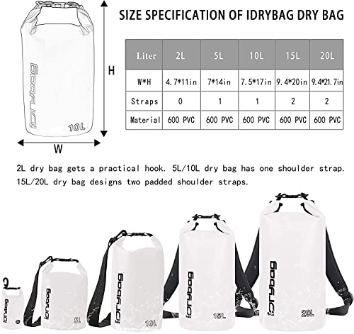 Image of IDRYBAG Dry Bag for Kayaking Waterproof 2L /5L /10L /15L /20L, Small Dry Sack Waterproof Bag for Boating