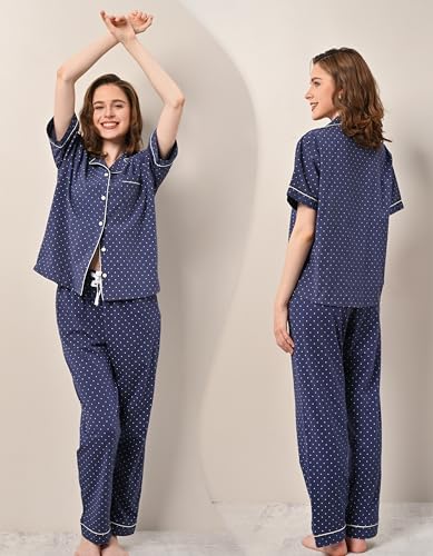 Image of NAP BOUND 100% Cotton Women's Pajama Sets Short Sleeve Button Down Soft Pjs 2 Piece Lounge Set with Pocket Nightwear XS-XXL