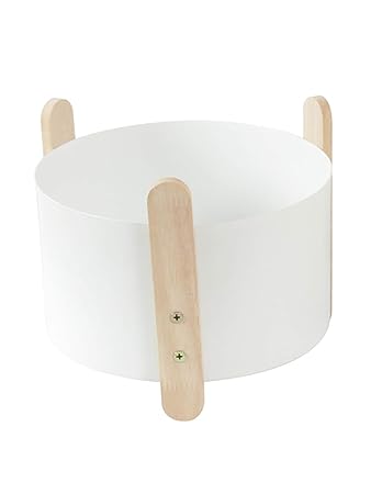 Fourwalls Round Iron Planter with Wood Stand Flower Pot for Outdoor Indoor Decoration Container (18 cm Tall, White)