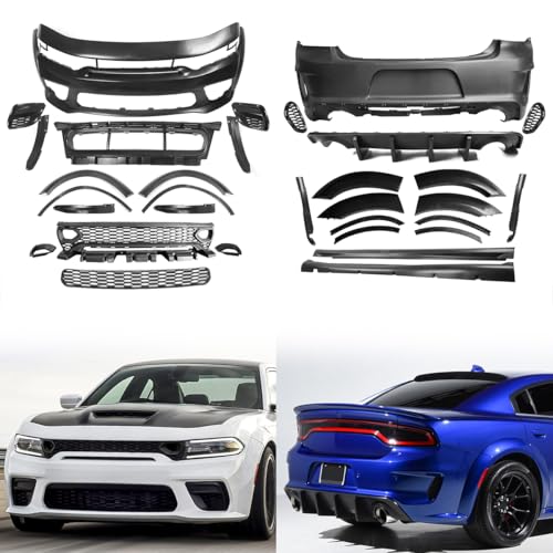HYPER GLORY Full Body Kit Compatible with 2015-2023 Dodge Charger Including Widebody, Matte Black/Unpainted Diffuser Grille Front Rear Bumper Cover Side Skirts Fender Flares Conversion Kit