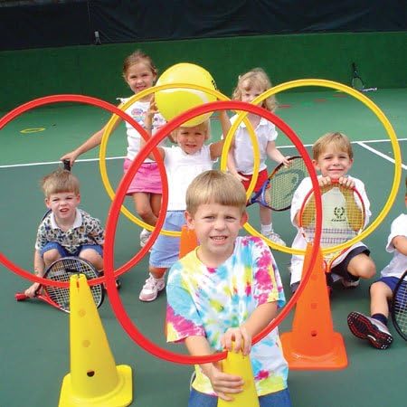 Oncourt Offcourt Tennis Kids Fun Set - Set Includes 4 Hoops, 4 Cones, 2 Poles, 2 Clips/for Ages 2-10 / Tennis Training Aid