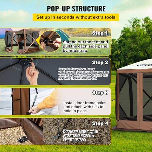 VEVOR Pop Up Gazebo Screen Tent, Pop-Up Instant Gazebo Tents with Mosquito Netting Outdoor Canopy, 6 Sided Sun Shelter 10x10ft with 6 Removable Wind Cloths & 2 Mesh Windows, Pavilion Tent for Patio - Image 6