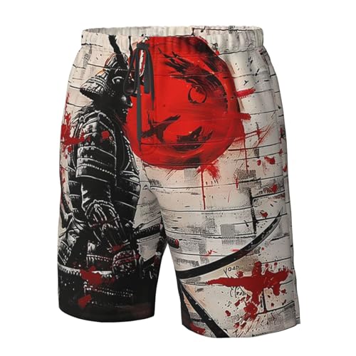 Japanese Samurai Black Armor Sun Graffiti Red White Men's Quick Dry Swim Shorts, Mesh Lined Beach Trunks with Pockets2