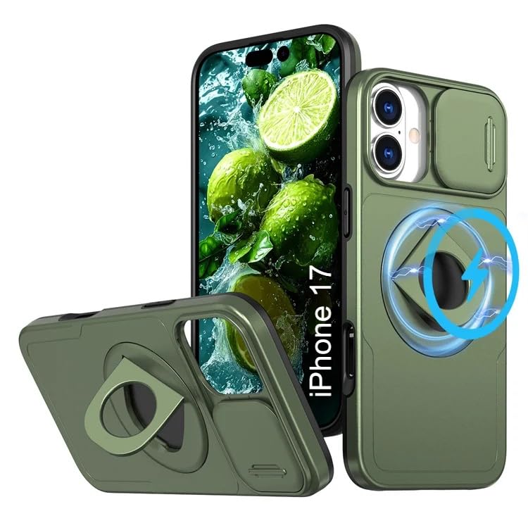 Image of LuxuryKase MagSafe Shockproof Rugged Back Case for iPhone 17 | Finger Ring Kickstand & Sliding Camera Cover | Military Drop Protection | Wireless Charging Support - Green