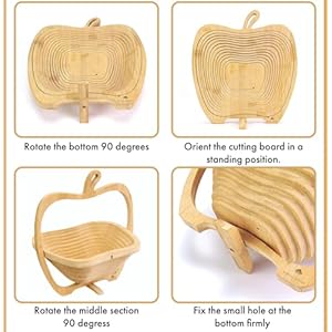 Royalhouse bamboo foldable fruit bowl apple shape fruit vegetable storage for kitchen countertop bamboo fruit basket tabletop fruit serving bowl large size  urban country home decor