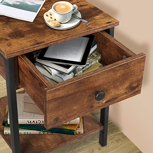 KINGSO Nightstands Industrial Side End Tables with Drawer and Storage Shelf 2 Tier Bedside Table Night Stand for Small Spaces Bedroom Wood Accent Furniture with Stable Metal Frame, Rustic Brown - Thumbnail 4