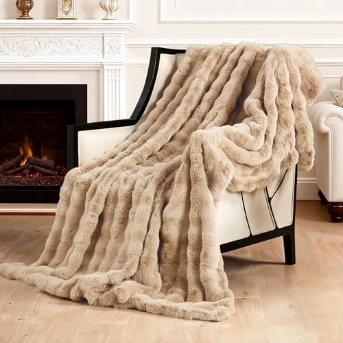 SAPHREAS Kuscheldecke Flauschige 150x200 Furry Bubble Kunstpelz Decke Oeko-Tex Zertifiziert Dicke & Warme Sofadecke für Bett Couch Schlafzimmer Deko Plüschdecke Khaki
