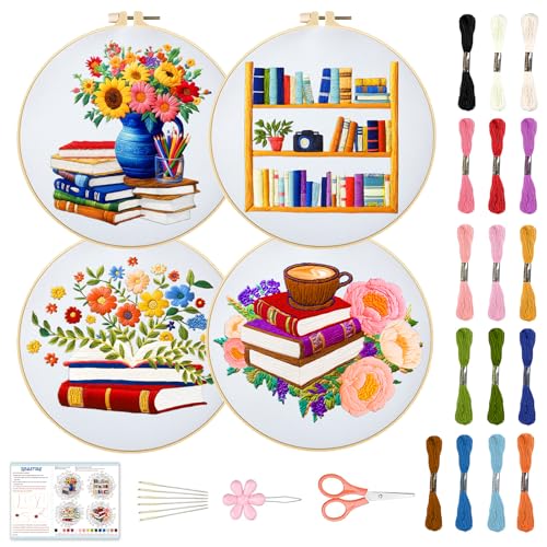 Image of BEUNITONE 4 Set Book Flower Embroidery Kit for Adult Beginners 7.9x7.9 DIY Cross Stitch Kits Needlepoint Starter Kit with Pre-Printed Design and Hoops, Stamped Embroidery Kit for Home Ofiice Decor
