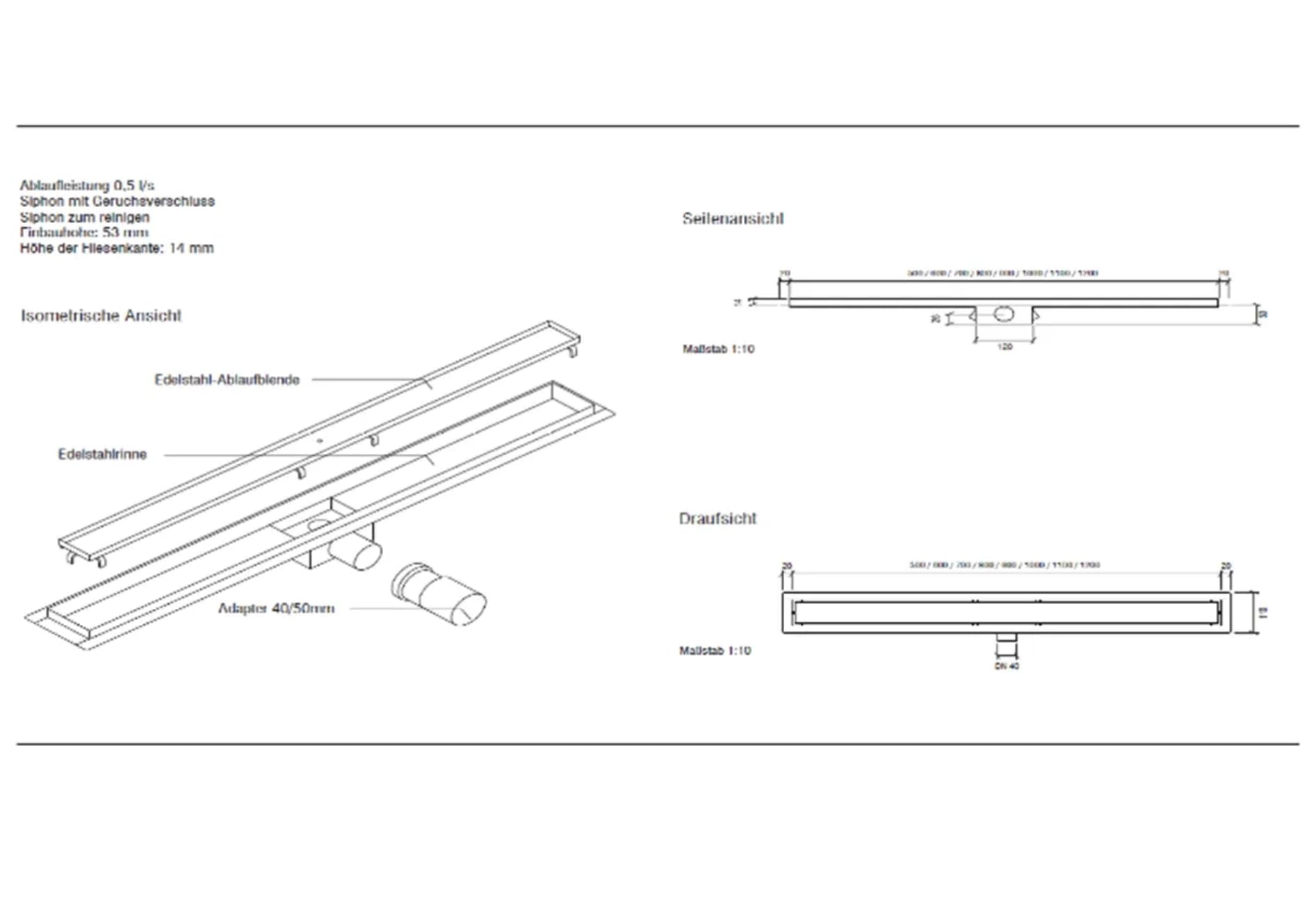 ProfiDrain Edelstahl Duschrinne extra flach mit Ablaufgarnitur (110cm, Höhe 53mm) - waagerechter Duschablauf Komplettset Vollabdeckung - Duschabfluss & Duschablaufrinne mit passender Dichtmanschette