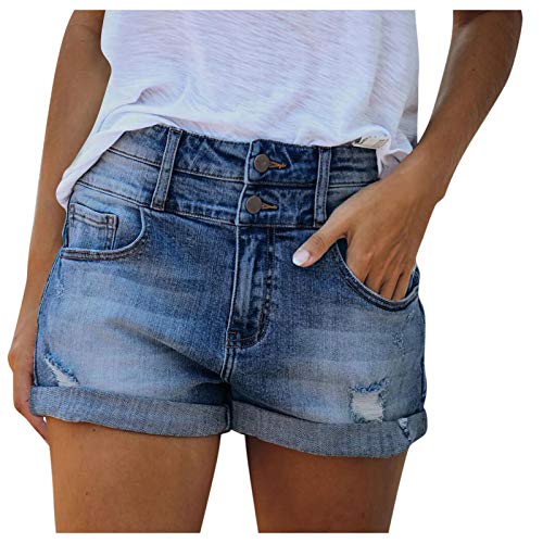 Short femme ete moulant en jean bleu fonce denim taille haute