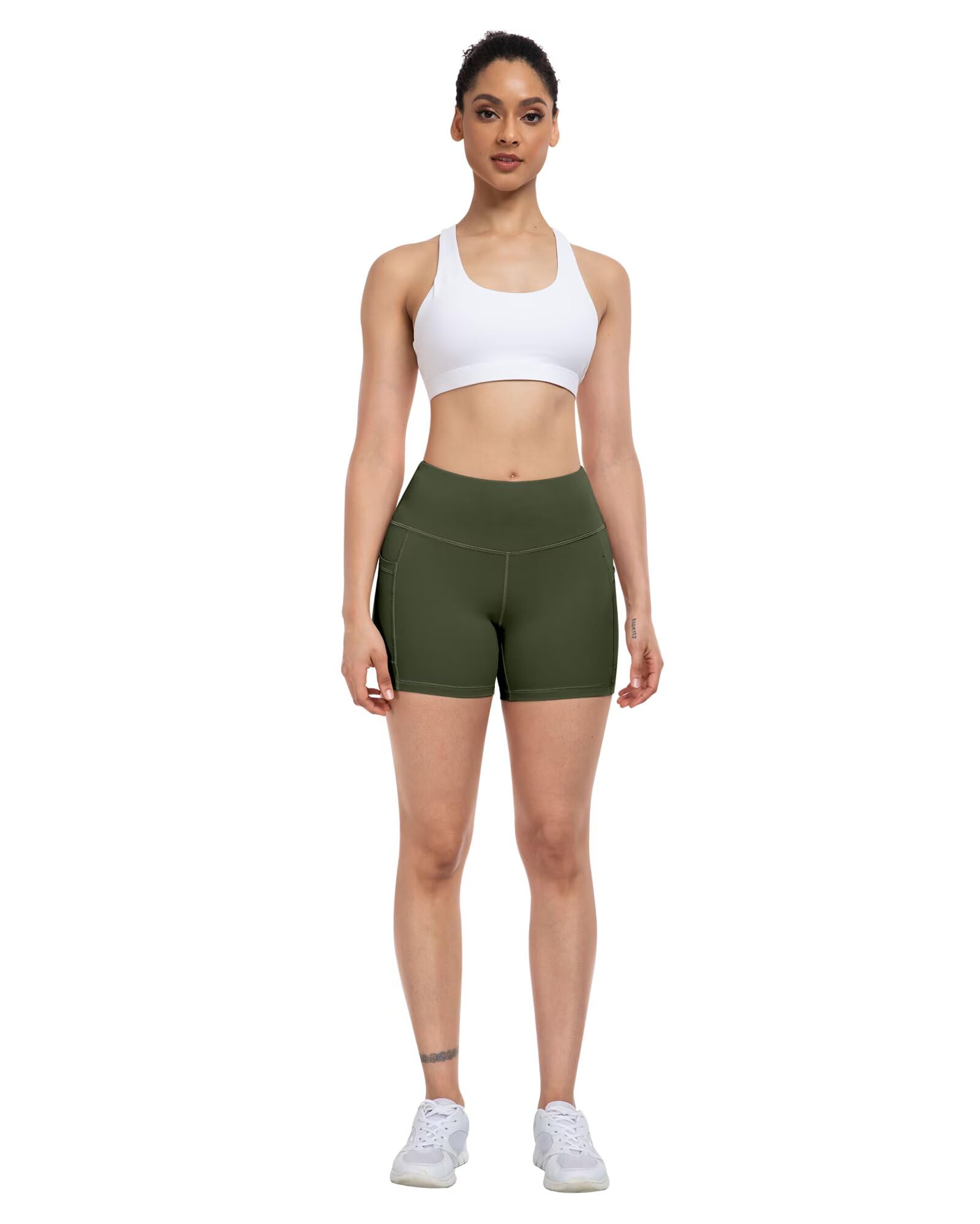 ATHVOTAR Lot de 4 shorts de yoga en élasthanne avec poches pour femme 7,6 cm/12,7 cm/20,3 cm, short de motard gainant le ventre, Noir/gris/bleu marine/vert kaki, Taille XL
