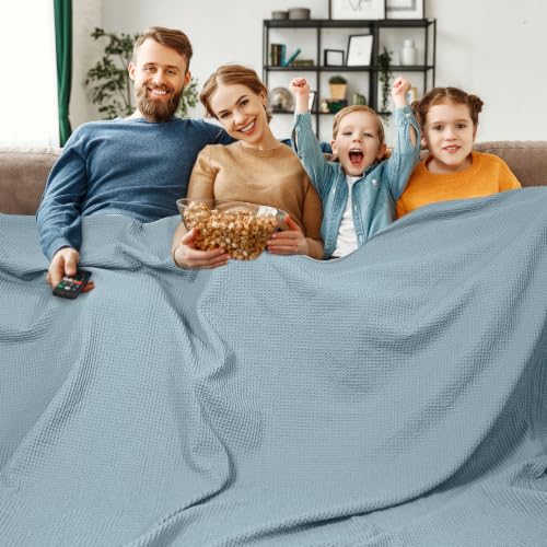 Image of PHF 100 Cotton Waffle Big Family Oversized Blanket, 120 inch X 120 inch, Dusty Blue | Pre-washed Natural Soft Cozy Lightweight Breathable, Textured Decorative Layer for Bed Guest Room, Machine Washable, Giftable