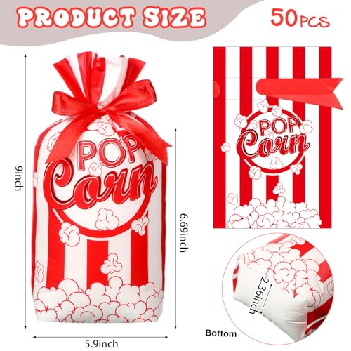 Image of 50 Pcs Popcorn Plastic Bags Circus Carnival Party Goodie Bags Bulk Movie Night Popcorn Container for Carnival Movie Night Theater Halloween Party Supplies (Red)